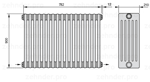 Схема (чертеж) Радиатор Zehnder Charleston 6090/17 №2670 Белый глянцевый RAL 9016